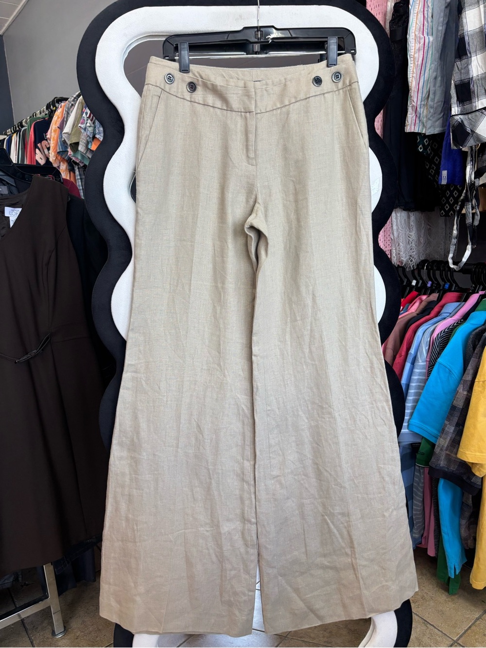 Kenneth Cole Beige Wide-Leg Linen-Blend Pants